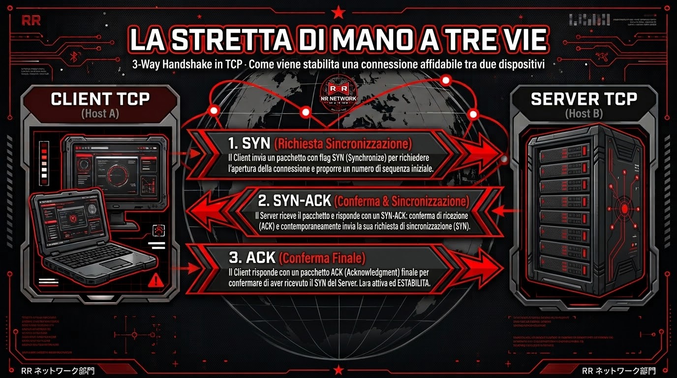 La stretta di mano a tre vie: SYN, SYN-ACK, ACK