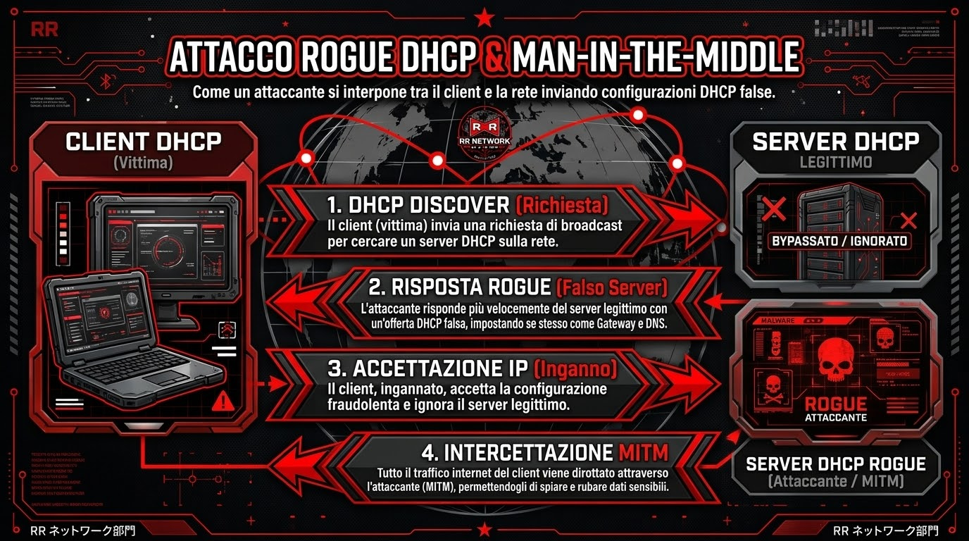 Schema dell'attacco Rogue DHCP e Man in the Middle